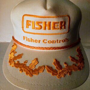 White Snapback Fisher Controls Baseball Cap Trucker Hat w/ Yellow Logo